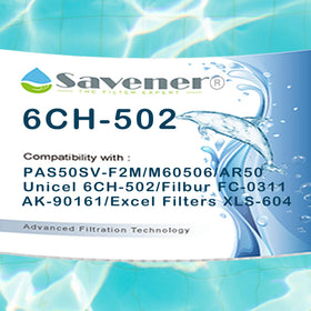 Savener 6CH-502 dimensions show 8-inch length and 6-3/4-inch outer diameter.