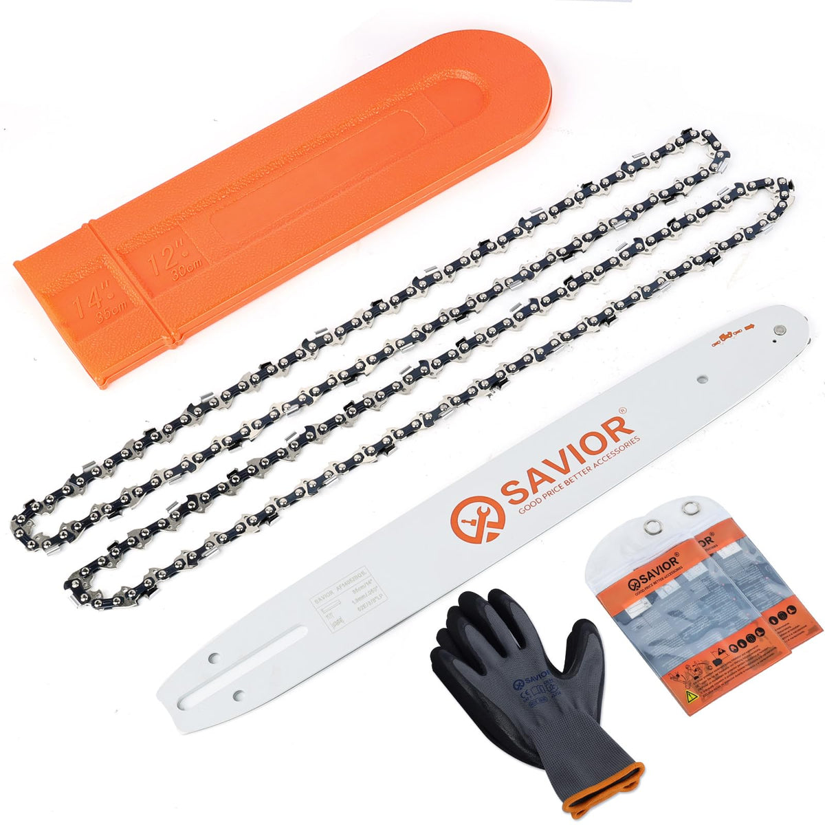 Savior 14-inch bar and chain assembly ready for compatible saws.