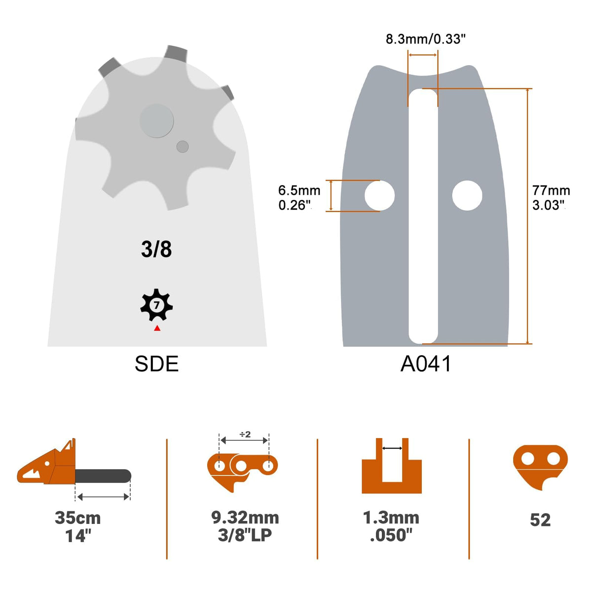 Savior 14-inch guide bar shows 3/8 LP pitch and low-kickback design.