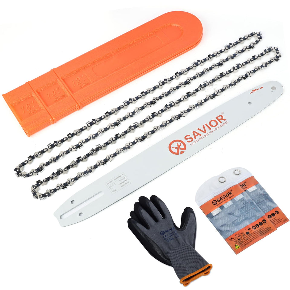 Savior 16-inch chainsaw bar ready for smooth wood cutting.