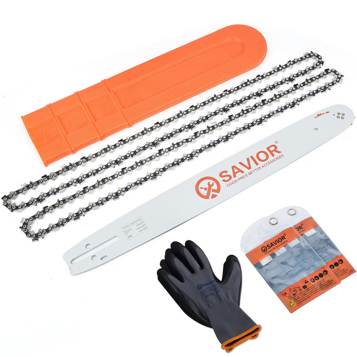 Savior 18-inch guide bar ready for .325 pitch and .050 gauge for mid-size saws