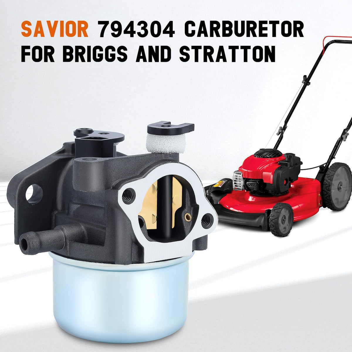 Savior 794304 carburetor installed on a Troy-Bilt TB230 mower for quick replacement.