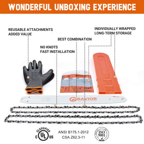Savior package includes chains, bags, gloves, and bar cover.