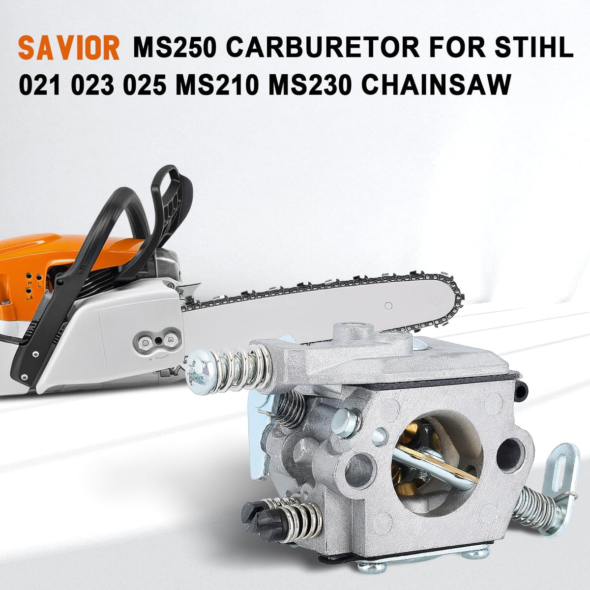 Savior MS250 carburetor gasket and fittings close-up highlighting maintenance-ready kit.