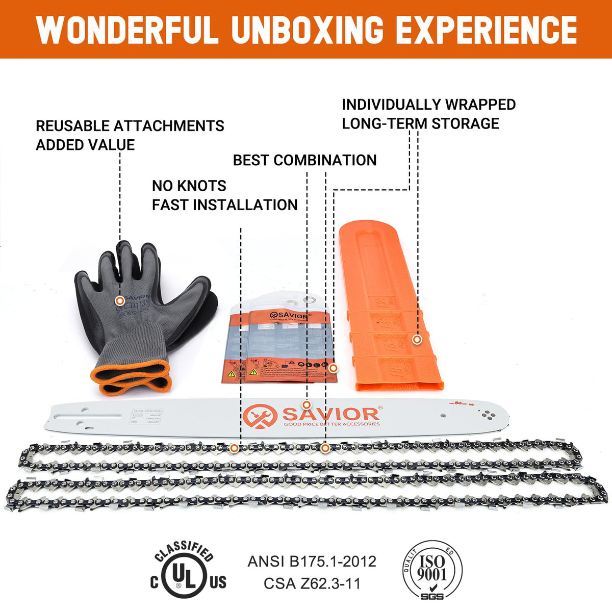 Kit includes bar, two chains, two storage bags, gloves, and bar cover