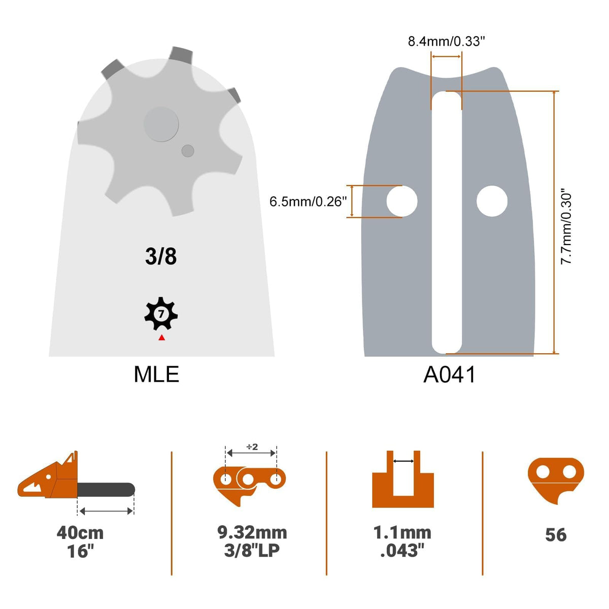 Savior R56 chain with 3/8 LP pitch for precise cutting.