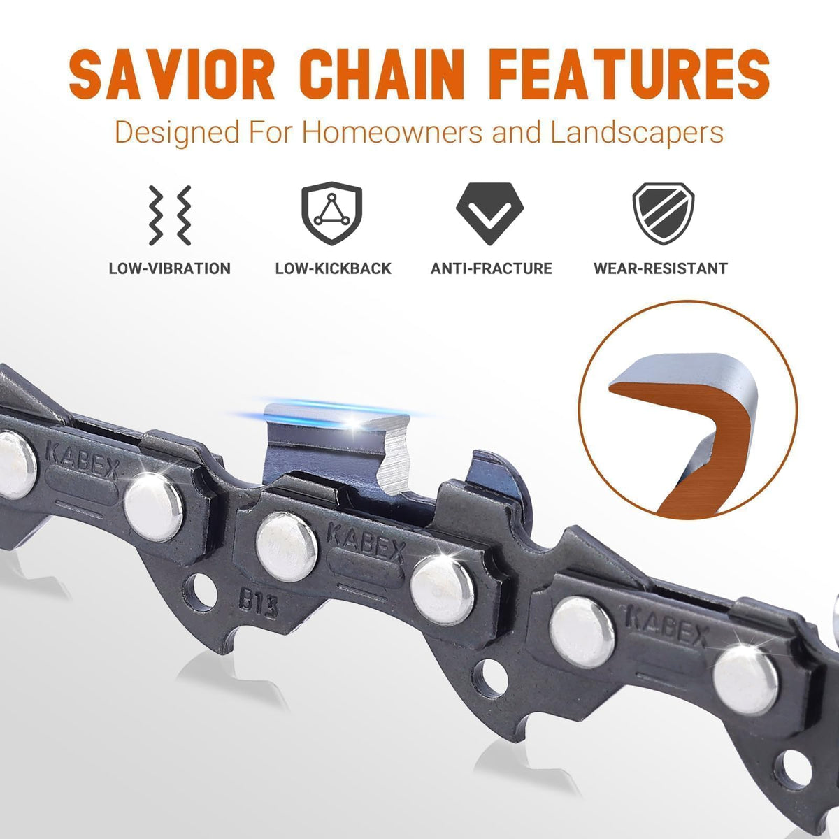 Closeup view of Savior S52 chain links and teeth