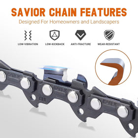 Closeup view of Savior S52 chain links and teeth