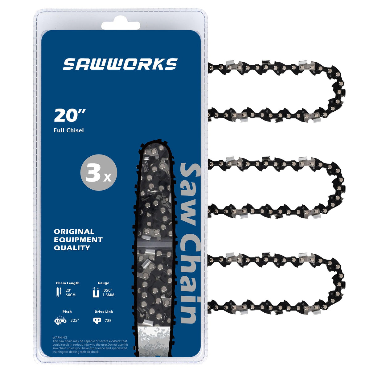 SawWorks 3-pack 20 inch chain ready for quick replacement and consistent cuts