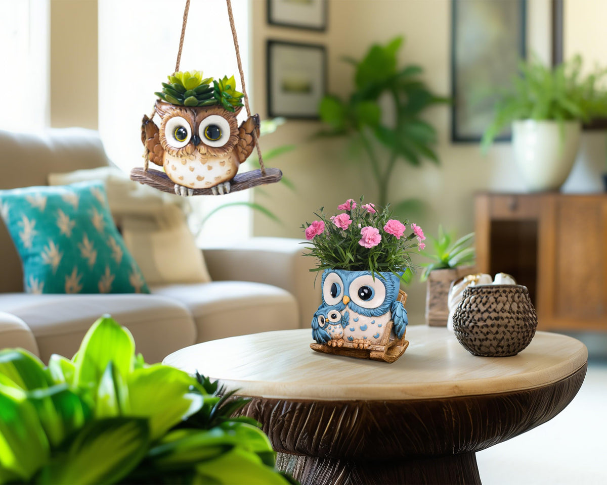Saysmile owl planter on patio table with lush greenery.