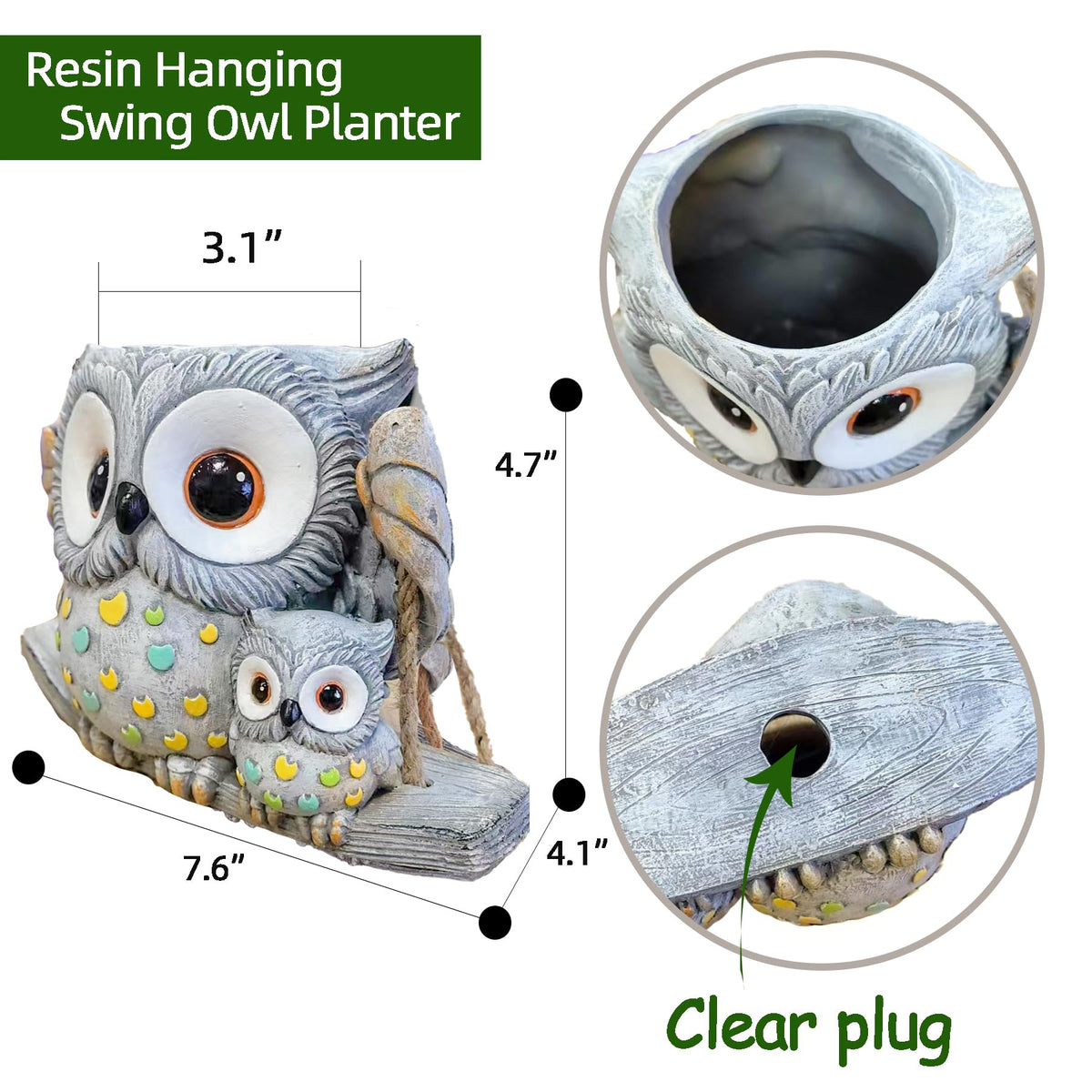 Close-up of drainage hole on Saysmile Swing Owl Planter for efficient watering