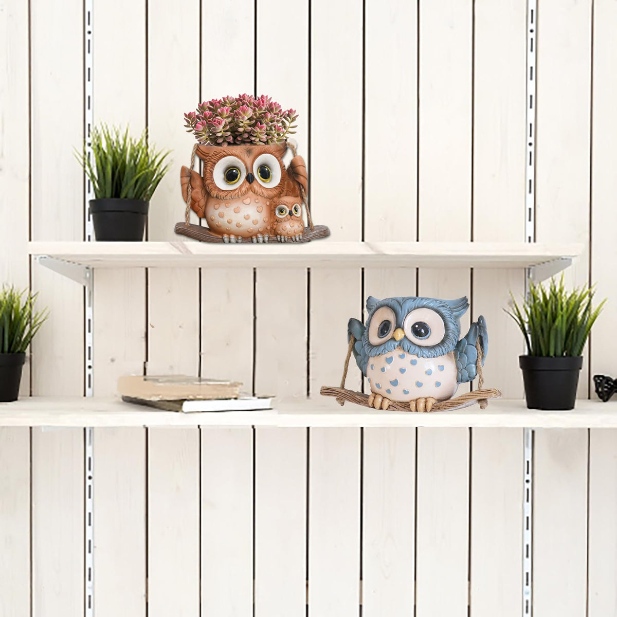 Saysmile Swing Owl planter with small succulents for windowsill displays