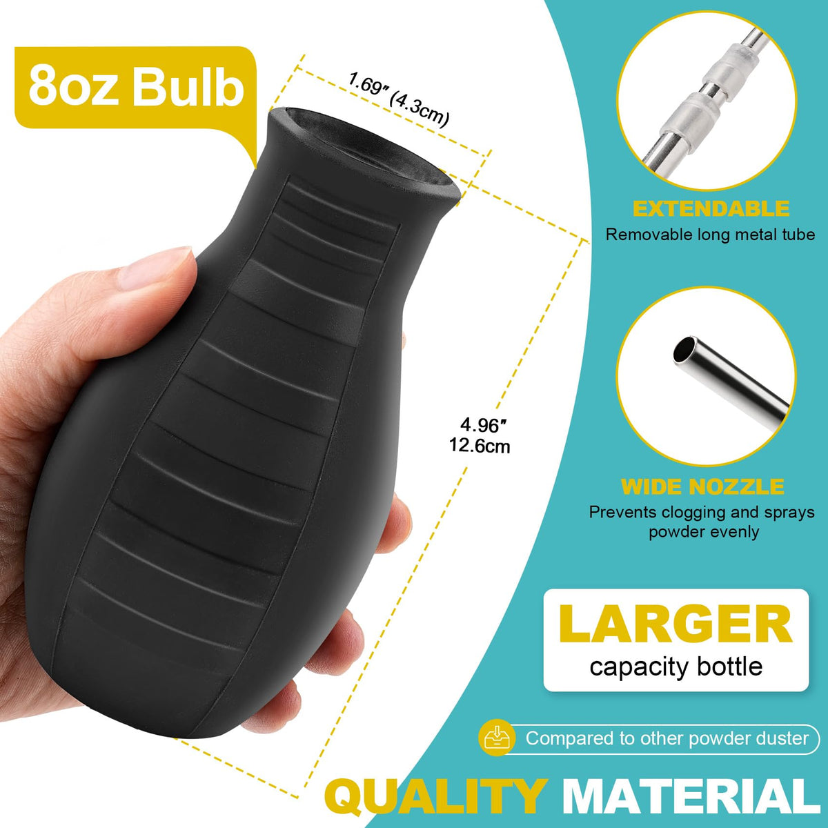 Leak-proof bulb design keeps powders contained during use.