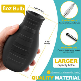Leak-proof bulb design keeps powders contained during use.