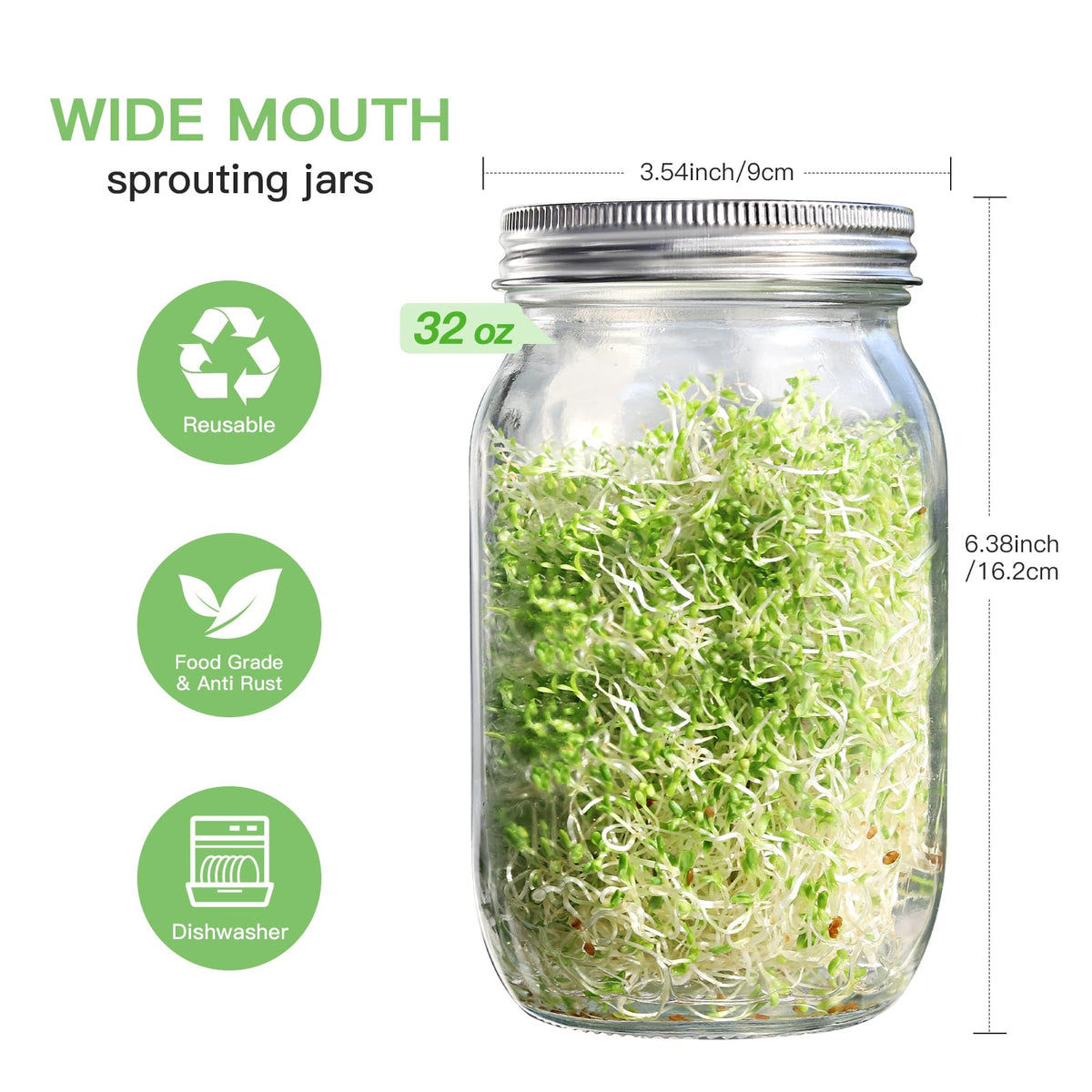 SBMKK 32oz wide-mouth jar offers ample space for sprouts.