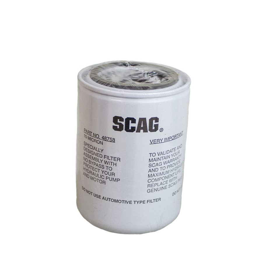 Scag 48758 OEM hydraulic filter closeup shows compact design for clean hydraulic flow.