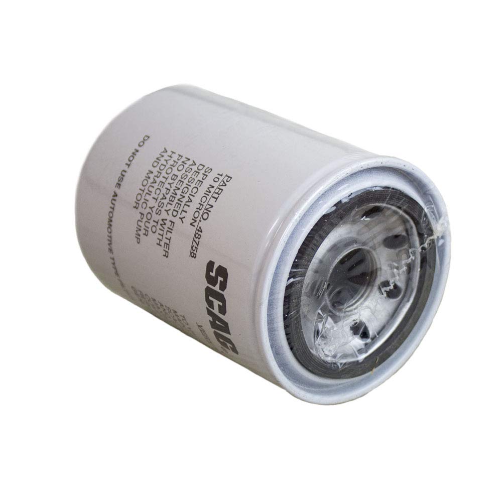 Scag 48758 OEM hydraulic filter side view demonstrates durable construction for heavy use.