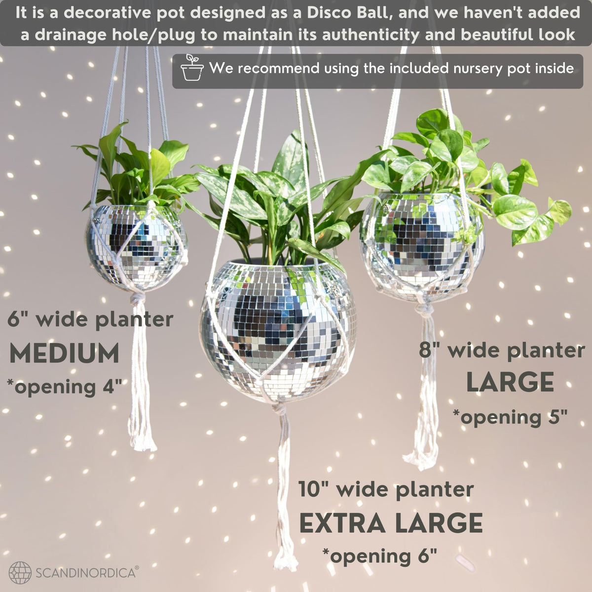 SCANDINORDICA disco ball planter’s reflective surface creates sparkling light accents.