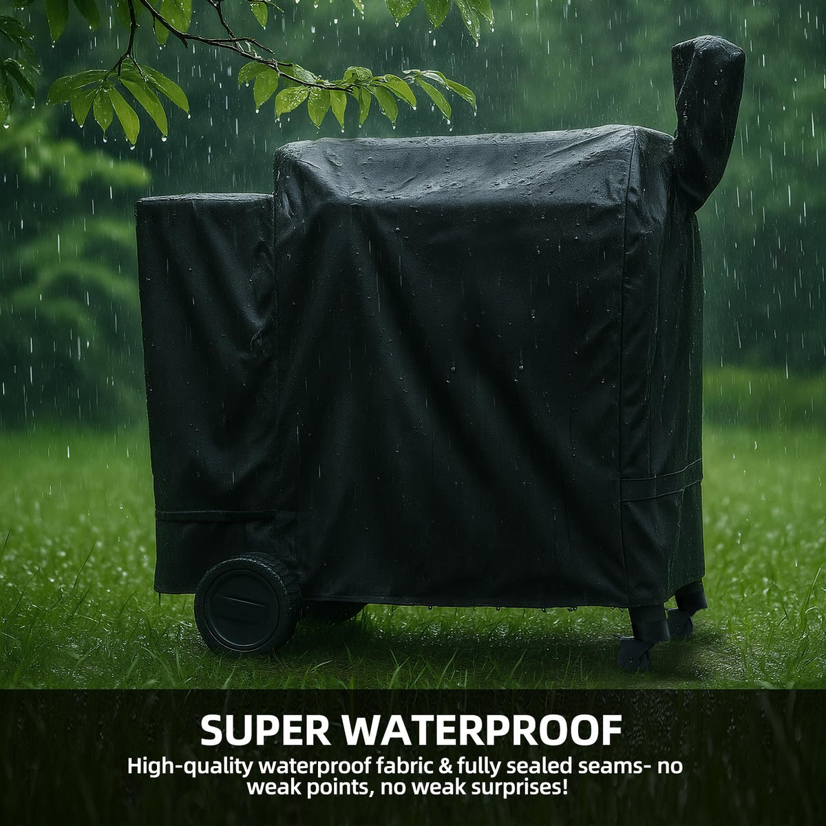 SCAUSY cover shows waterproof seams keeping your smoker dry in rain