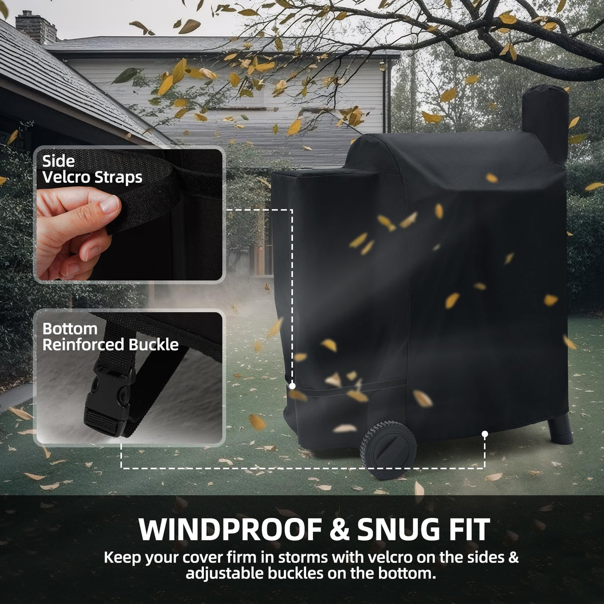SCAUSY windproof design with adjustable straps keeps the cover secure in gusts