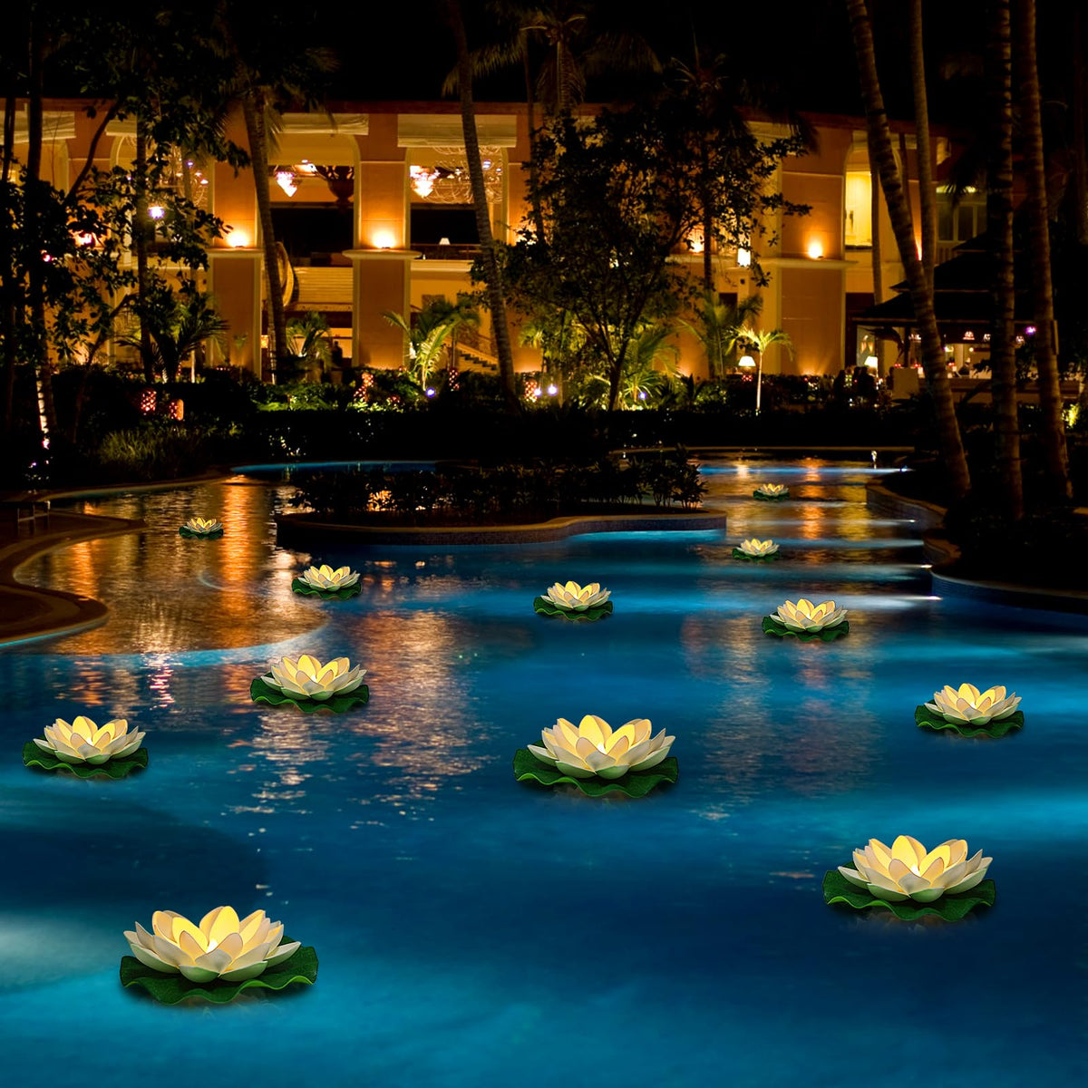 Scawim battery-operated lotus flowers brighten ponds and events.