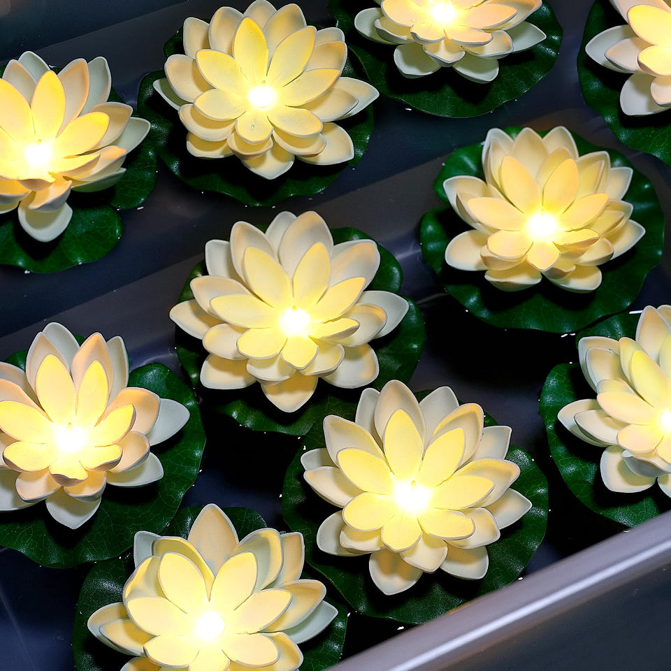 Scawim 5-inch floating lotus light with warm white glow for pool decor.
