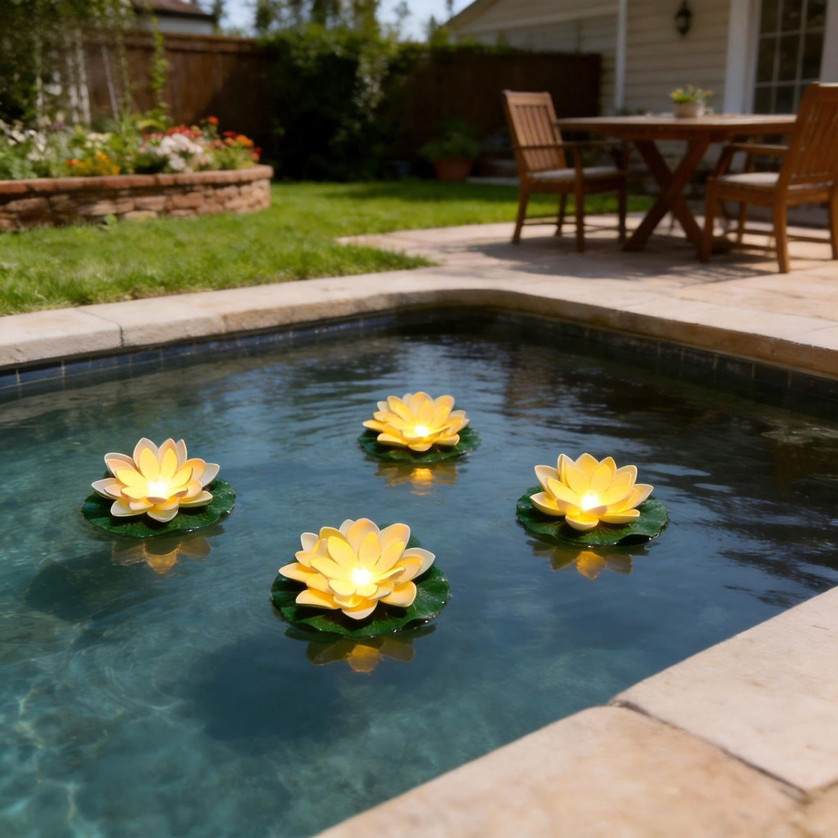 Scawim garden fountain lotus lights provide year-round charm.