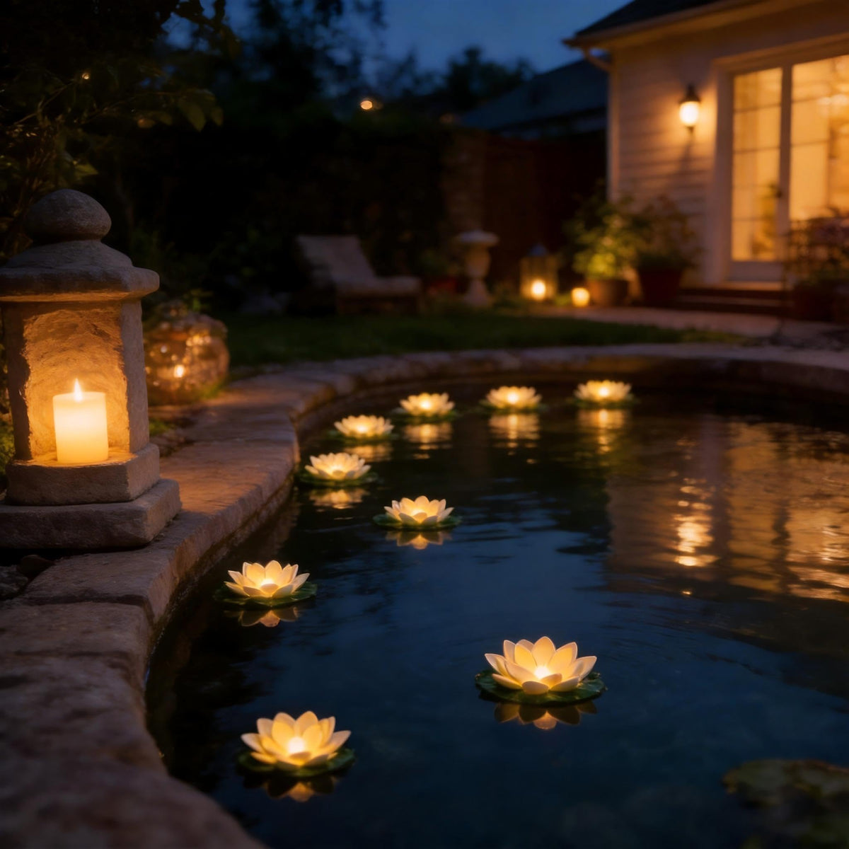 Scawim wedding pool decor lotus lights create elegant ambiance.