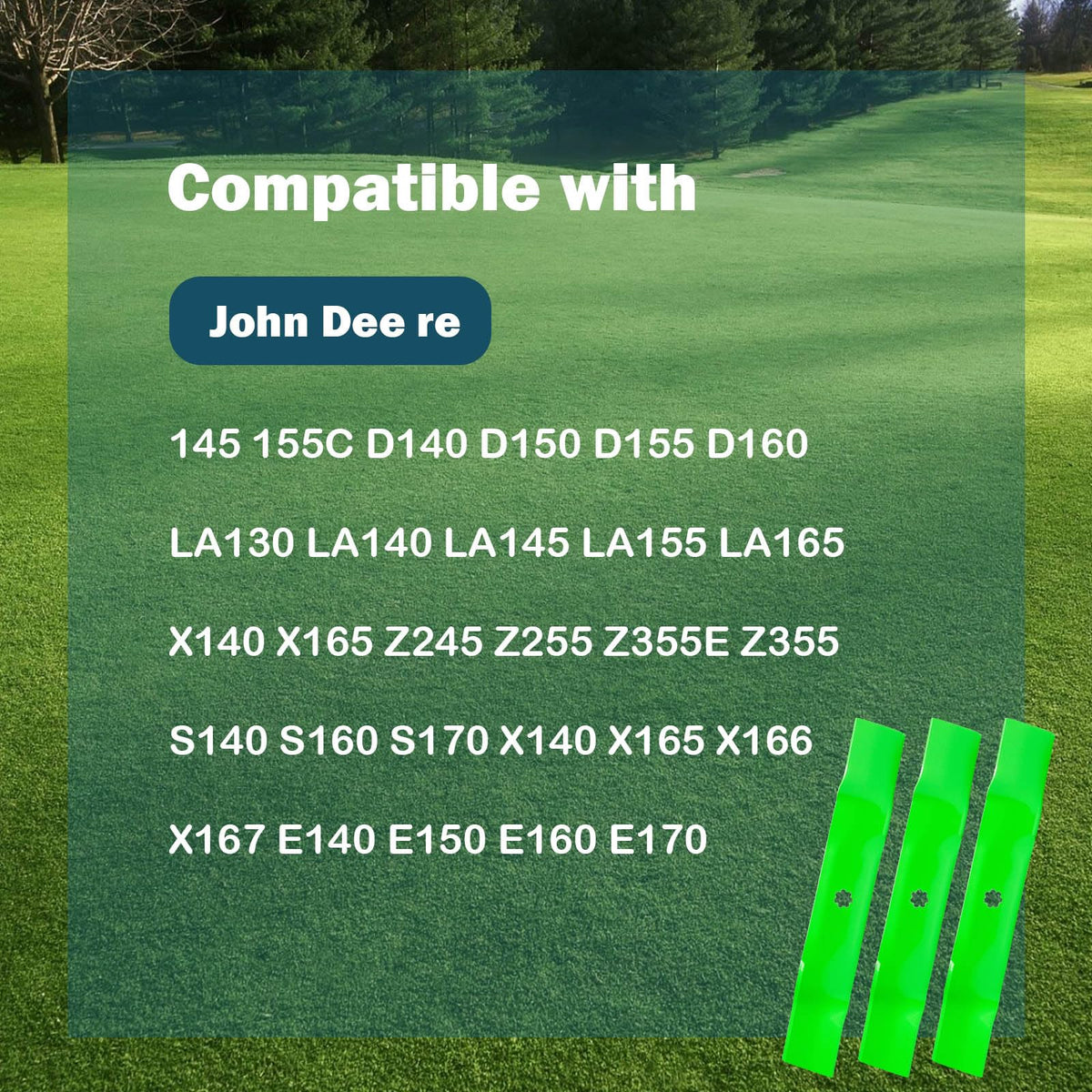 SCBHWJ compatibility chart illustrating broad John Deere deck fit