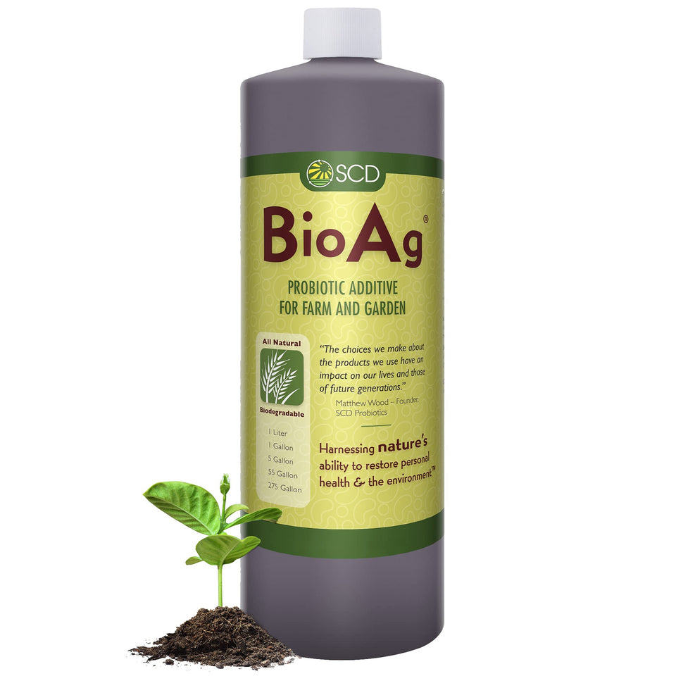 SCD BioAg bottle view highlights probiotic soil blend for healthier soil biology