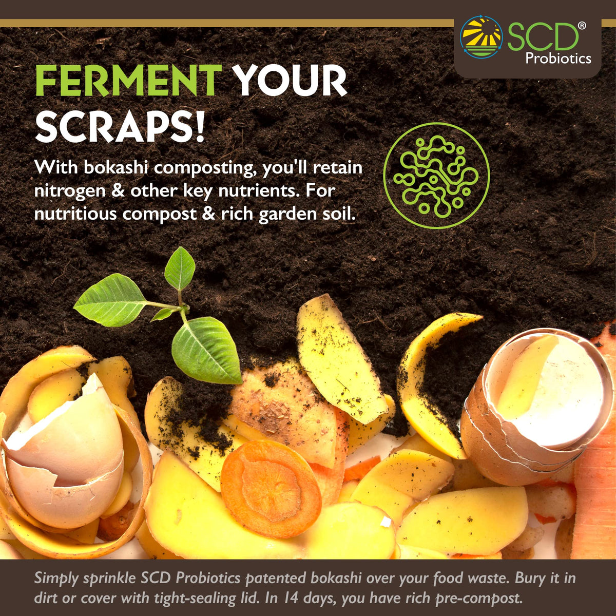 SCD Probiotics All Seasons Bokashi dry bran close-up showing natural fermentation blend for boosting compost health.