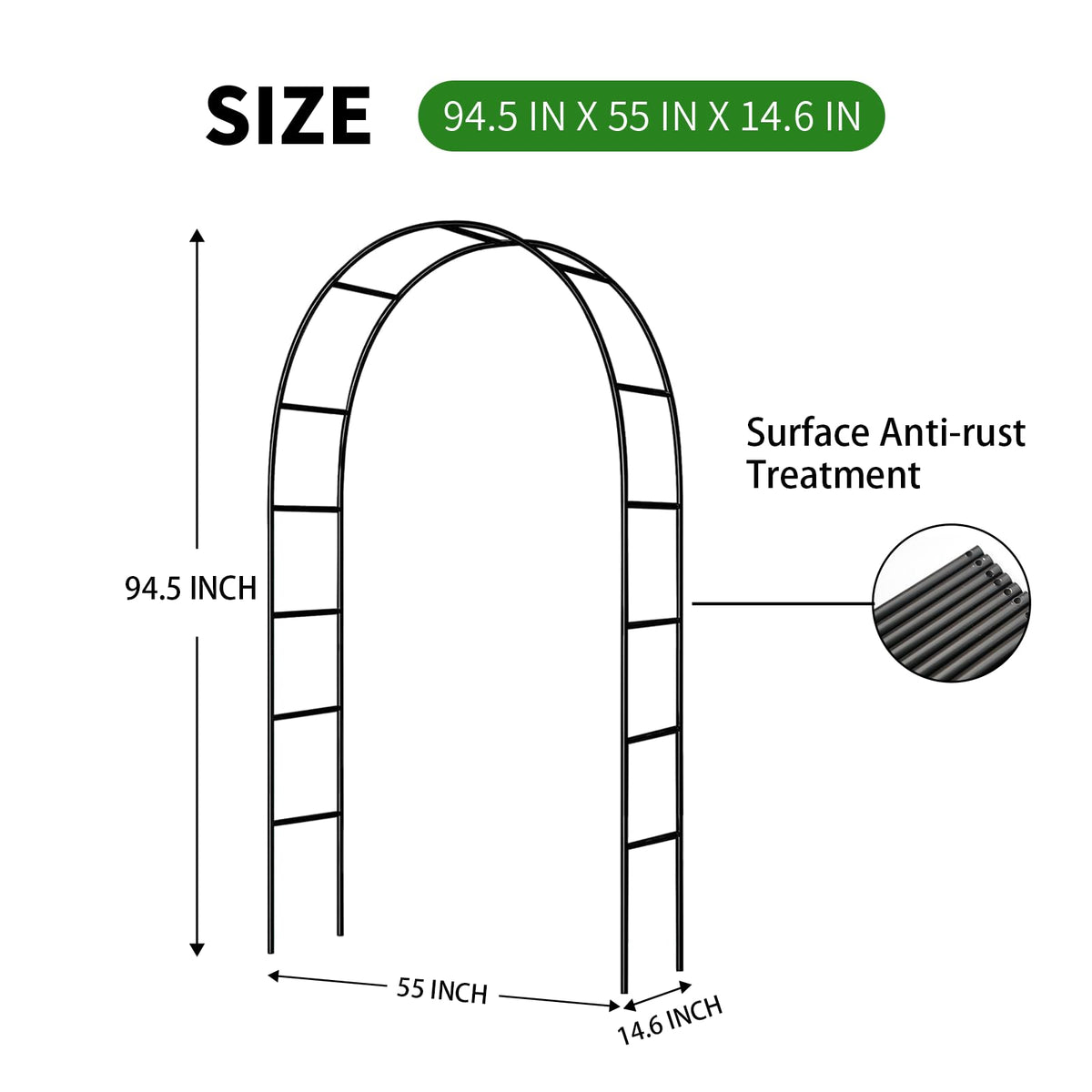 SCENDOR iron pergola arbor assembled dimensions reveal 7.9 feet by 4.6 feet.