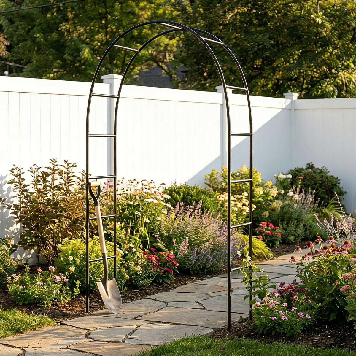 SCENDOR iron pergola arbor side view shows slim profile and plant compatibility.