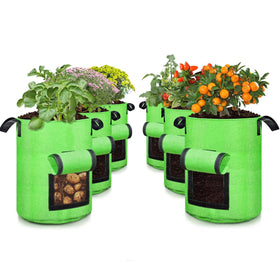 SCENGCLOS 6-pack grow bags arranged for balcony gardening, showcasing large 10-gallon capacity.
