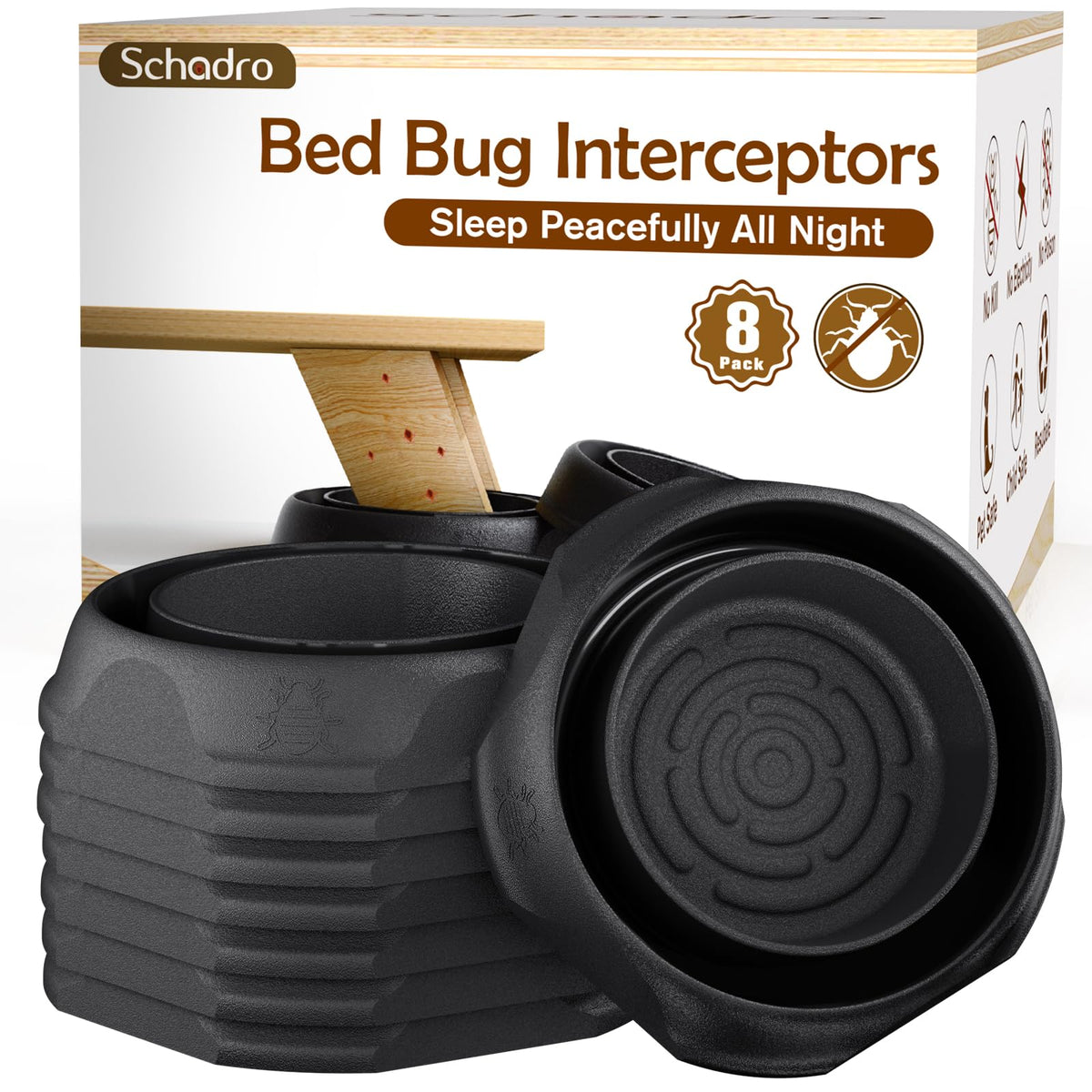 Schadro bed bug interceptor front view demonstrating 360° protection under furniture.