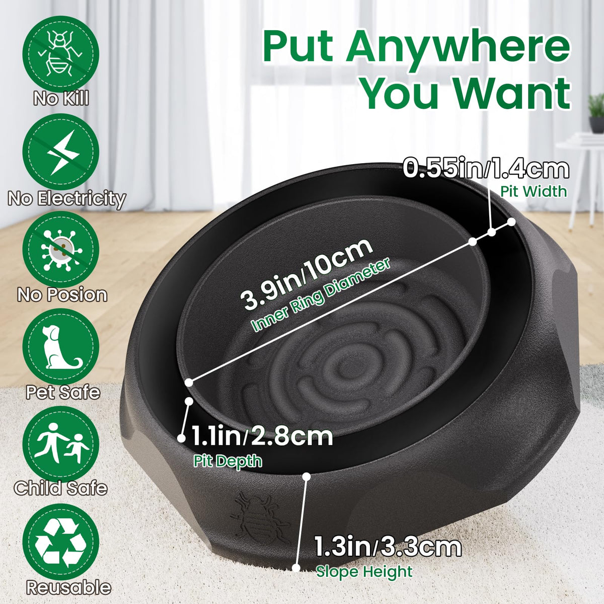 Schadro bed bug interceptors under sofa capture pests without disrupting living space.