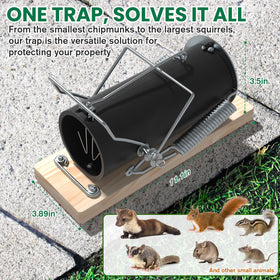 Schadro squirrel trap fixed on wood for permanent garden protection.