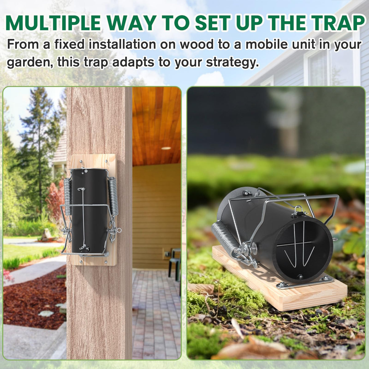 Schadro squirrel trap mobile in garden, versatile placement option.