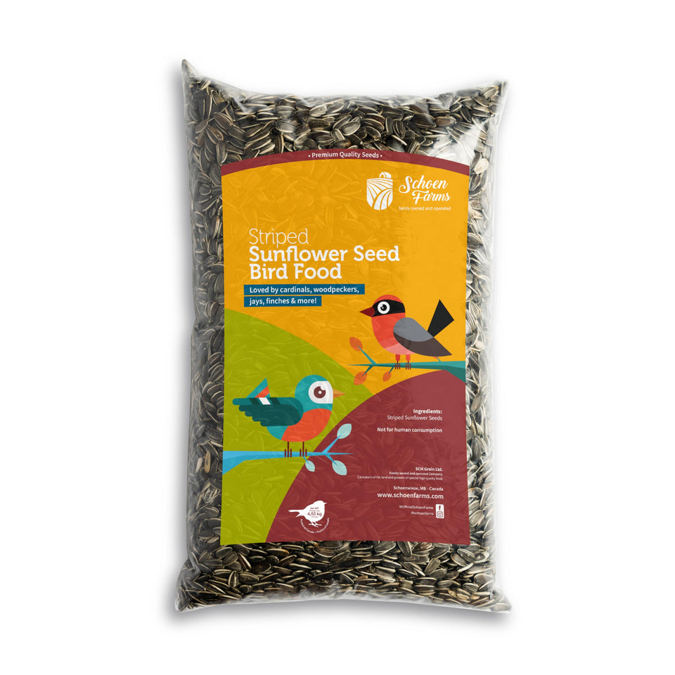 Schoen Farms striped sunflower seeds packaging ideal for stocking backyard bird feeders