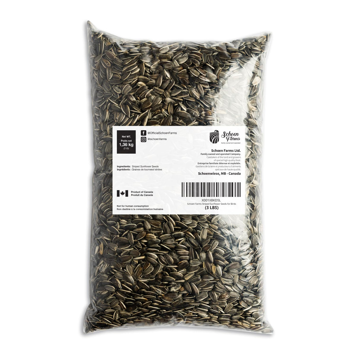 Schoen Farms 3 lb bag provides convenient storage and steady bird visits