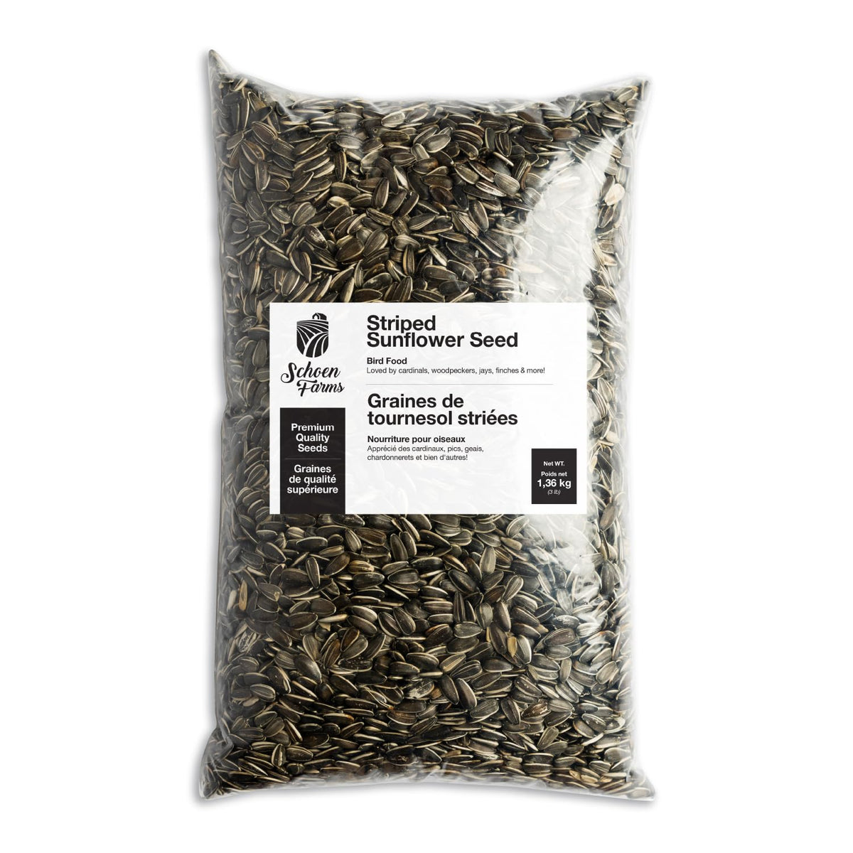 Schoen Farms striped sunflower seeds hulled for clean feeding in backyard feeders
