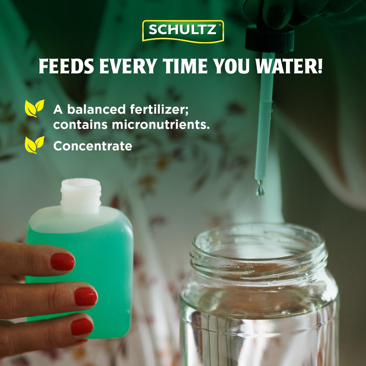 Schultz 1012 bottle with seedlings illustrates nutrients reaching roots.