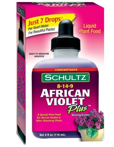 Schultz African Violet Plus bottle with 8-14-9 formula for vibrant blooms and healthy roots.