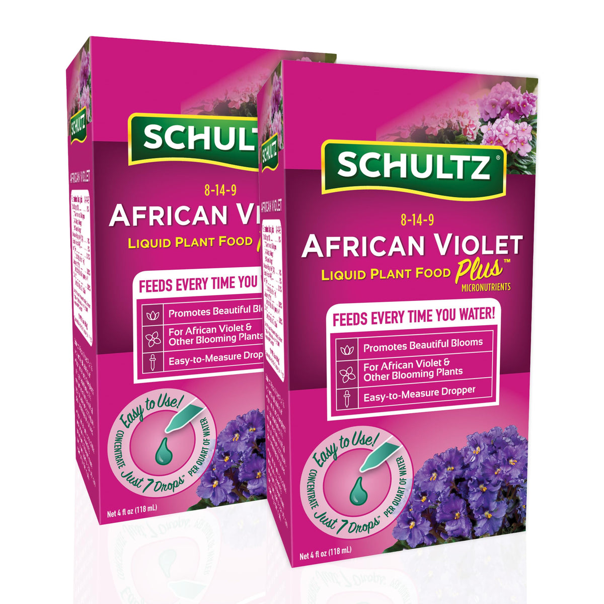 Schultz African Violet Plus liquid plant food boosts vibrant blooms for violets and other blooming plants