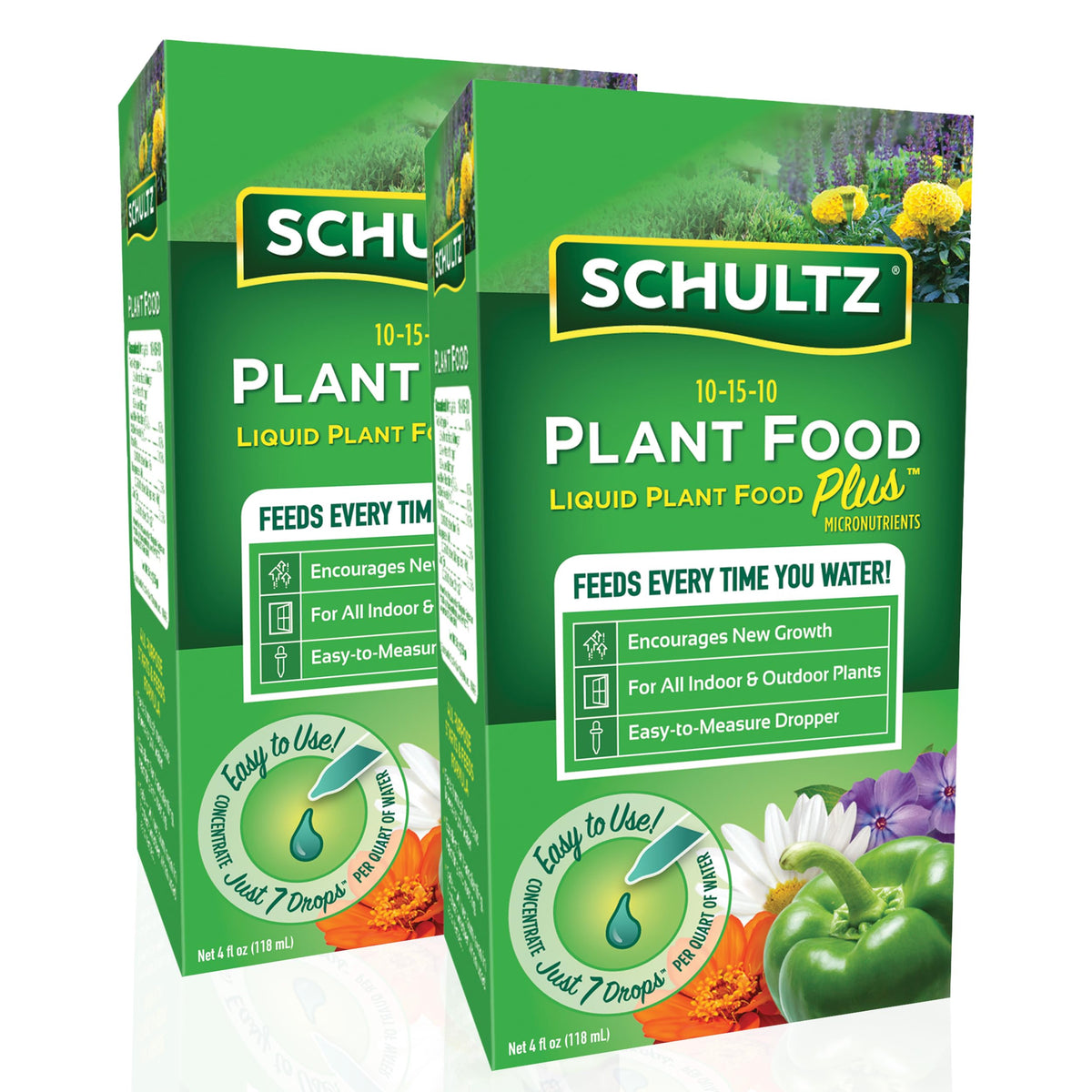 Schultz All Purpose Plant Food Plus bottle for indoor and outdoor plants, ready for easy 7-drop feeding.