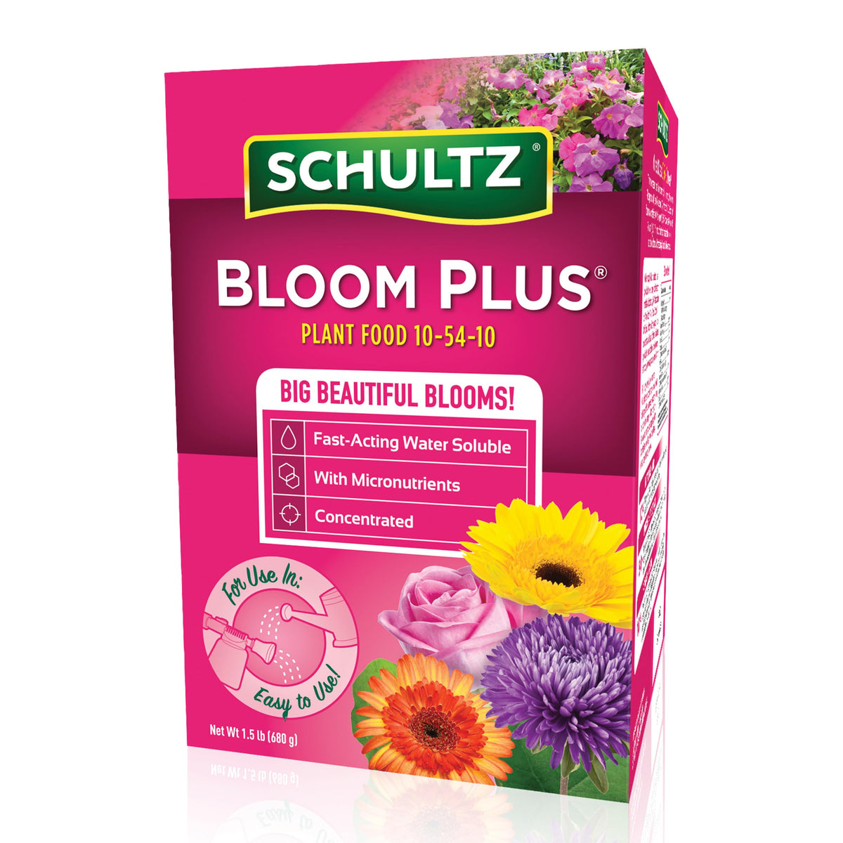 Schultz Bloom Plus water soluble plant food nourishes vibrant blooms for flowering plants