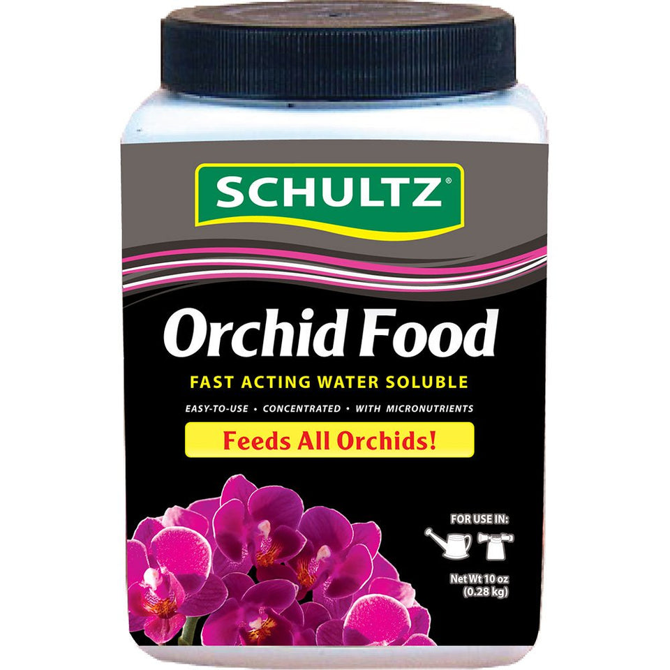 Schultz orchid food bottle enables water-soluble feeding for vibrant, healthy orchids.