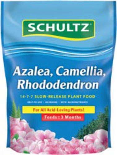 Schultz slow-release plant food bag for azaleas, camellias, and rhododendrons promotes steady flowering.