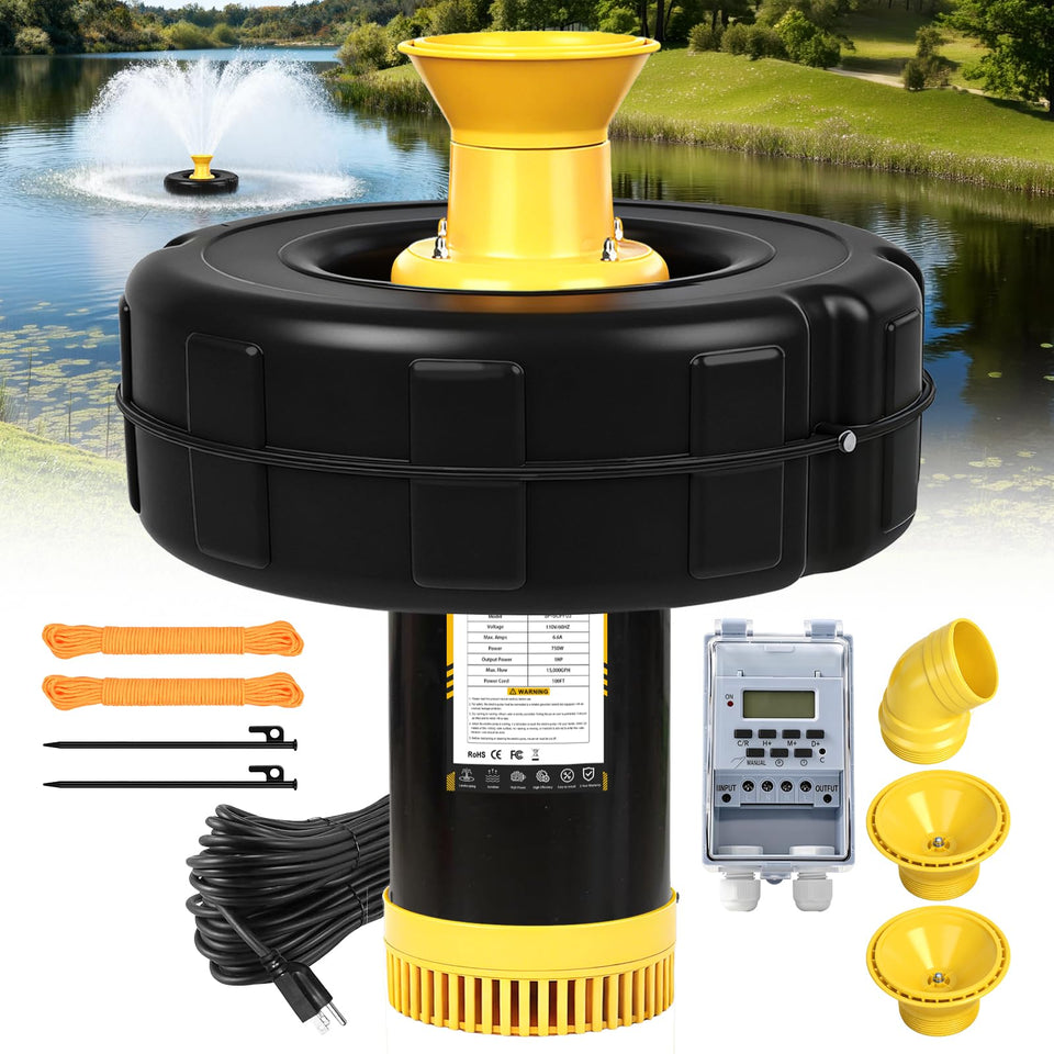 Schupethauer pond fountain aerator 110V powering large ponds with strong oxygenation.