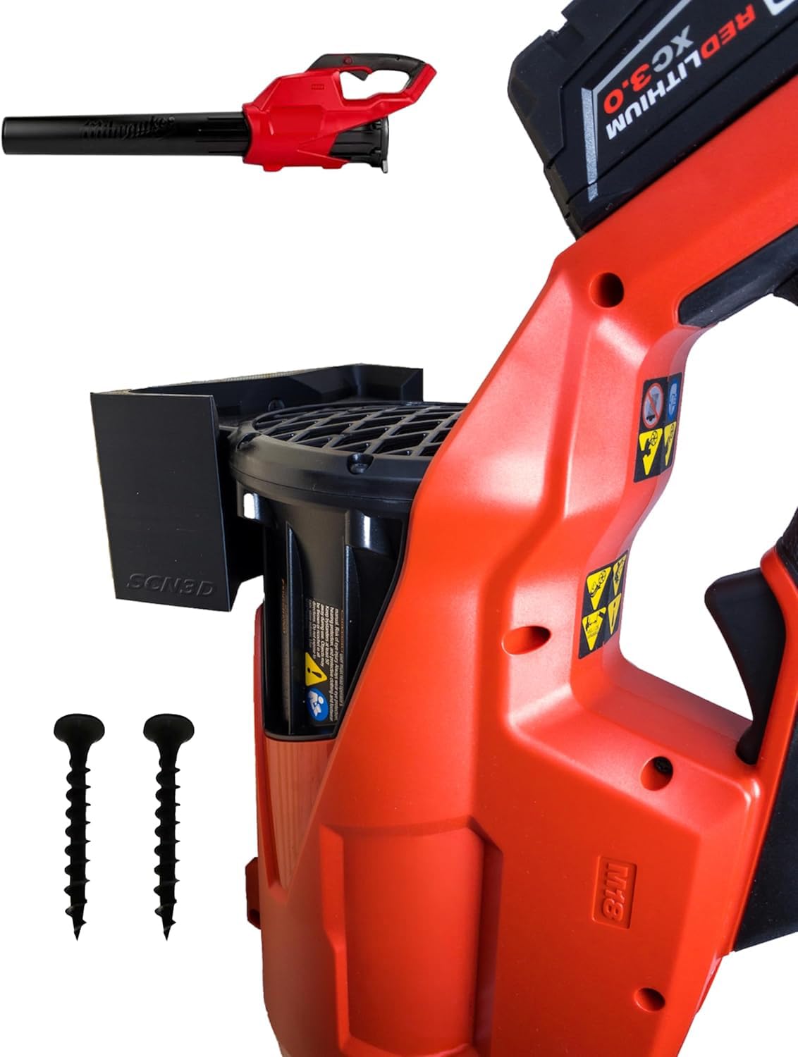 SCN3D Milwaukee M18 Fuel leaf blower wall mount in a tidy garage